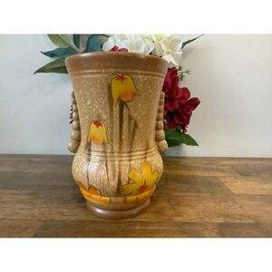 Vintage English Studio Pottery Vase Hand Painted Tulip Floral Mid Century Decor